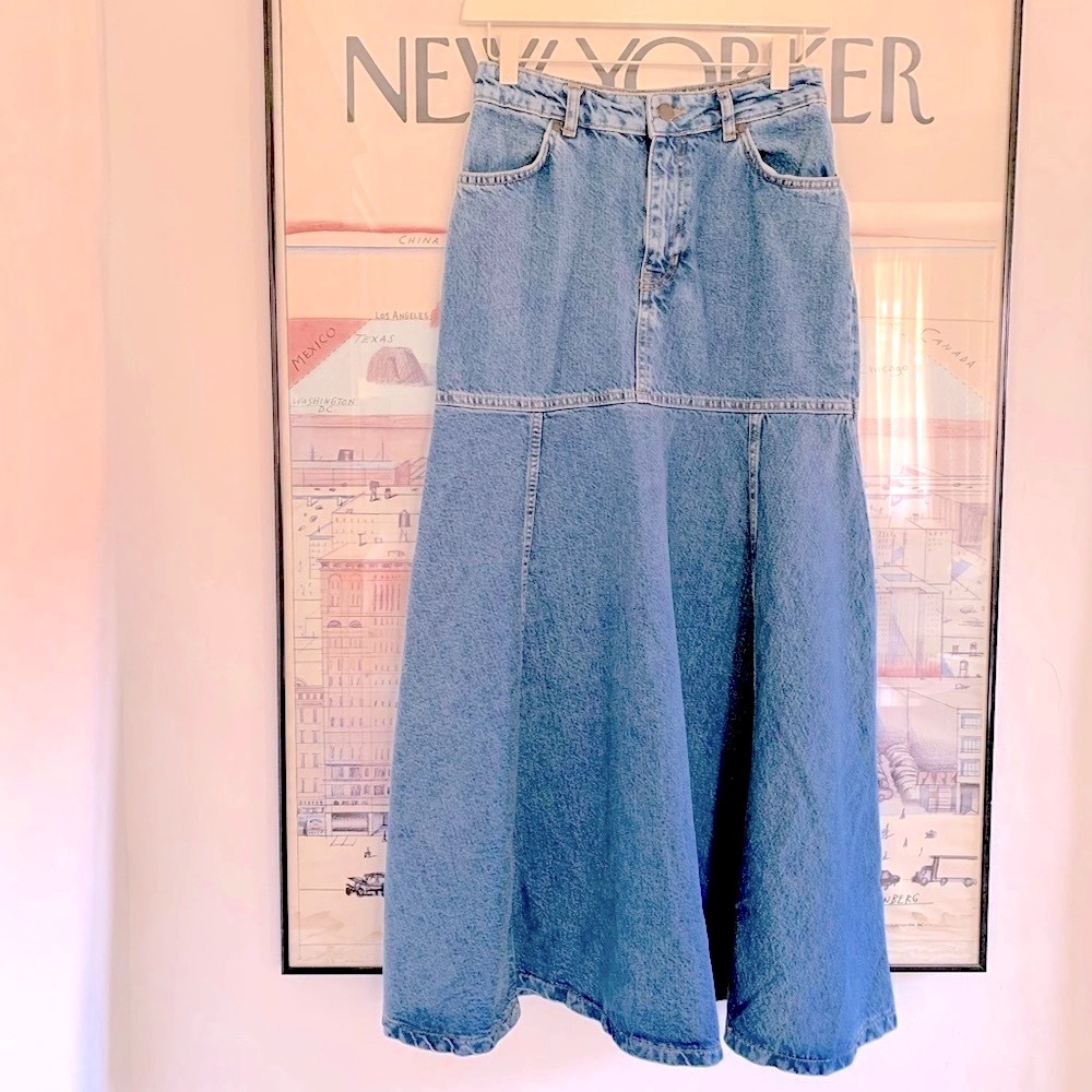Zara denim skirt with drop waist and flared hem midi length size XS - Picture 2 of 10